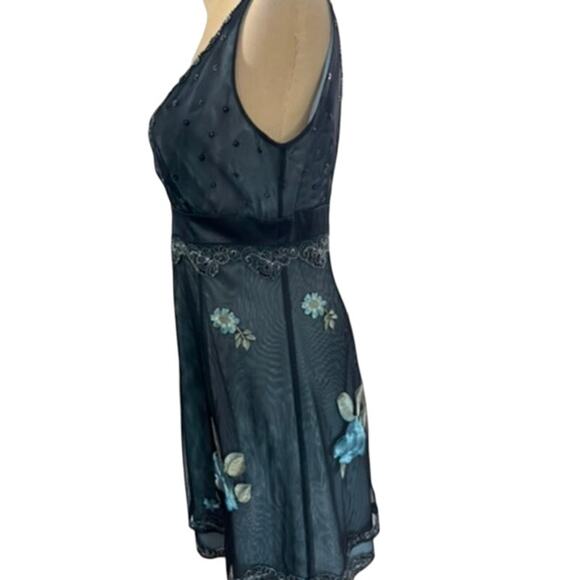"ADRIANNA PAPELL" VTG Y2K Babydoll Floral Embroidered Dress SZ 6 Dark Fairy Sexy - Picture 4 of 16